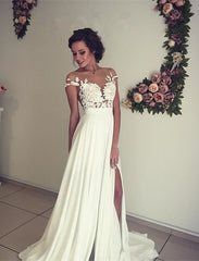 Elegant A-Line Wedding Dress with Chiffon Lace Ruffles and Side Slit Appliques