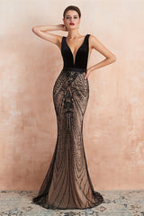 New Arrival V-Neck Sleeveless Mermaid Prom Dress Black Long Party Gowns