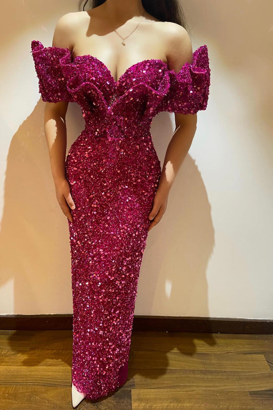 New Arrival Fuchsia Off-The-Shoulder Sweetheart Mermaid Prom Dress With Sequins
