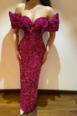 New Arrival Fuchsia Off-The-Shoulder Sweetheart Mermaid Prom Dress With Sequins