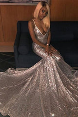 Classic Deep V-Neck Sleeveless Sequins Prom Dress Mermaid