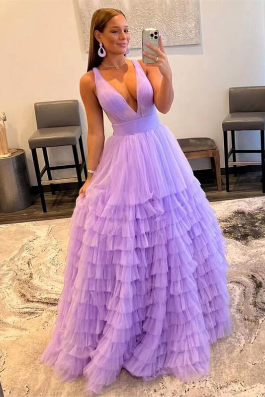 Elegant Lilac V-Neck Tulle layers Prom Dress with Sleeveless Online