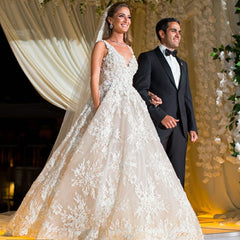Elegant V-Neck Lace A-Line Long Wedding Dress with Floral Details