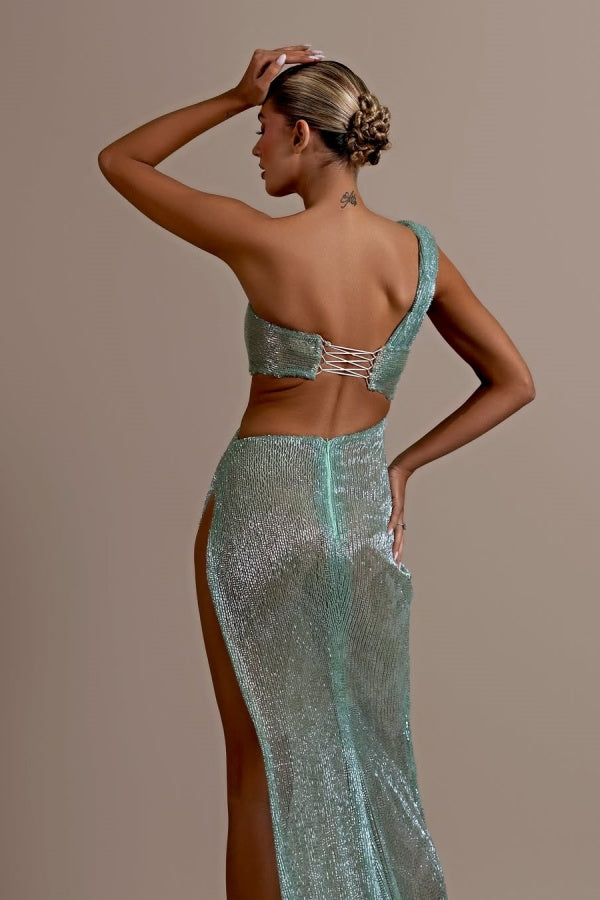  Mint Green One Shoulder Long Prom Dress Sleeveless with Split