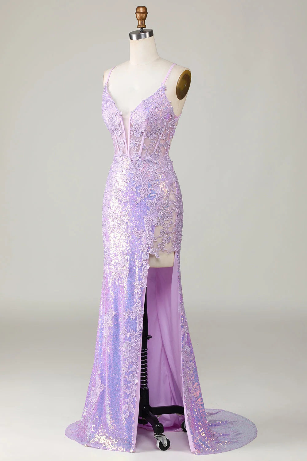 Spaghetti Strap Prom Dress Applique Split Mermaid Dress