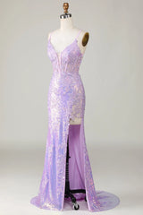Spaghetti Strap Prom Dress Applique Split Mermaid Dress