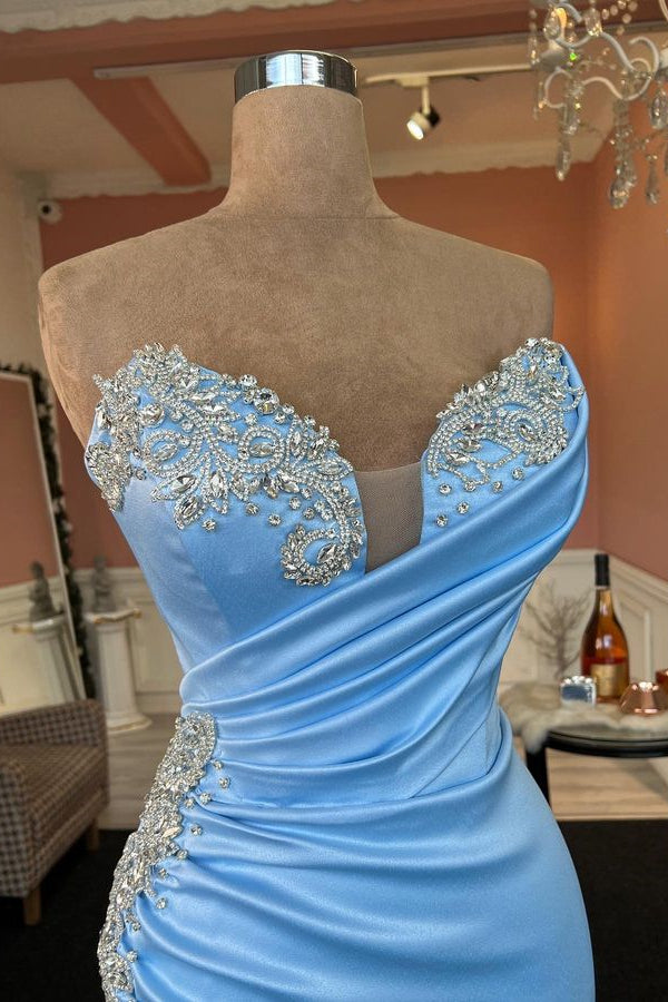 Modern Baby Blue Sweetheart Prom Dresses Mermaid With Crystal Split Long
