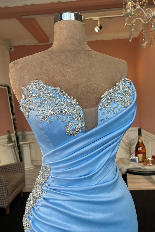 Modern Baby Blue Sweetheart Prom Dresses Mermaid With Crystal Split Long