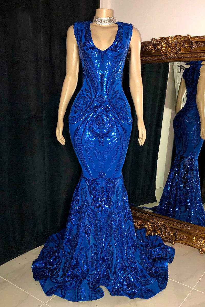 Modern Sleeveless V-Neck Mermaid Prom Dresses Sequins Long Online