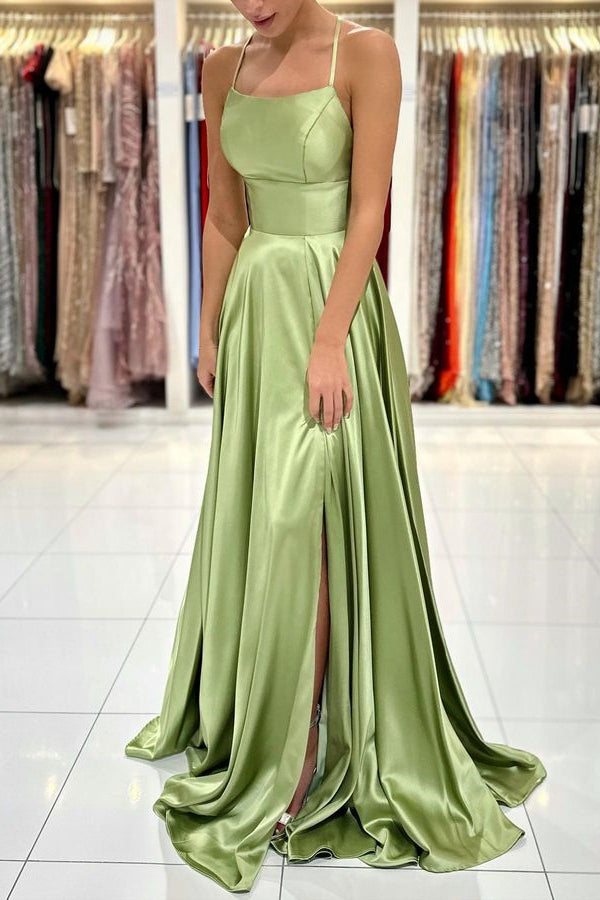 Amazing Sage Green Sleeveless Prom Dress Long Split Spaghetti-Straps