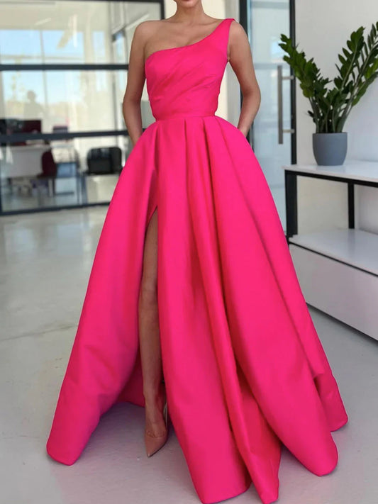 Simple One Shoulder Pink Long Prom Dress High Slit A Line Pleated Dress