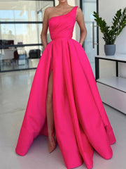 Simple One Shoulder Pink Long Prom Dress High Slit A Line Pleated Dress