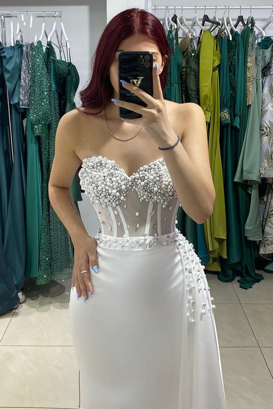 Classy White Sweetheart Mermaid Prom Dress Ruffles With Pearls