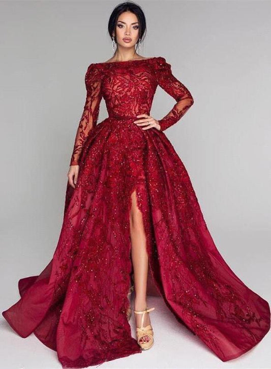 Long Sleevess Burgundy Stunning Sequins Prom Dresses Side Split