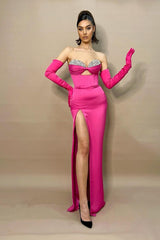 Charming Hot Pink Sweetheart Mermaid Prom Dress Long Split With Beads