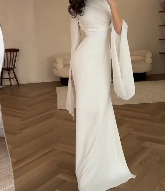 Elegant Ivory Evening Dress Chiffon Long Sleeves Mermaid Dress