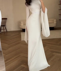 Elegant Ivory Evening Dress Chiffon Long Sleeves Mermaid Dress