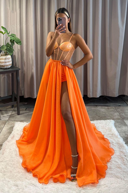 Orange A Line Spaghetti Straps High Split Long Prom Dress