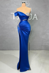 Classy Royal Blue Off-the-Shoulder Prom Dress Mermiad Split With Beads