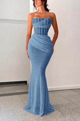Burgundy Sleeveless Strapless Square Mermaid Prom Dress With Pleated