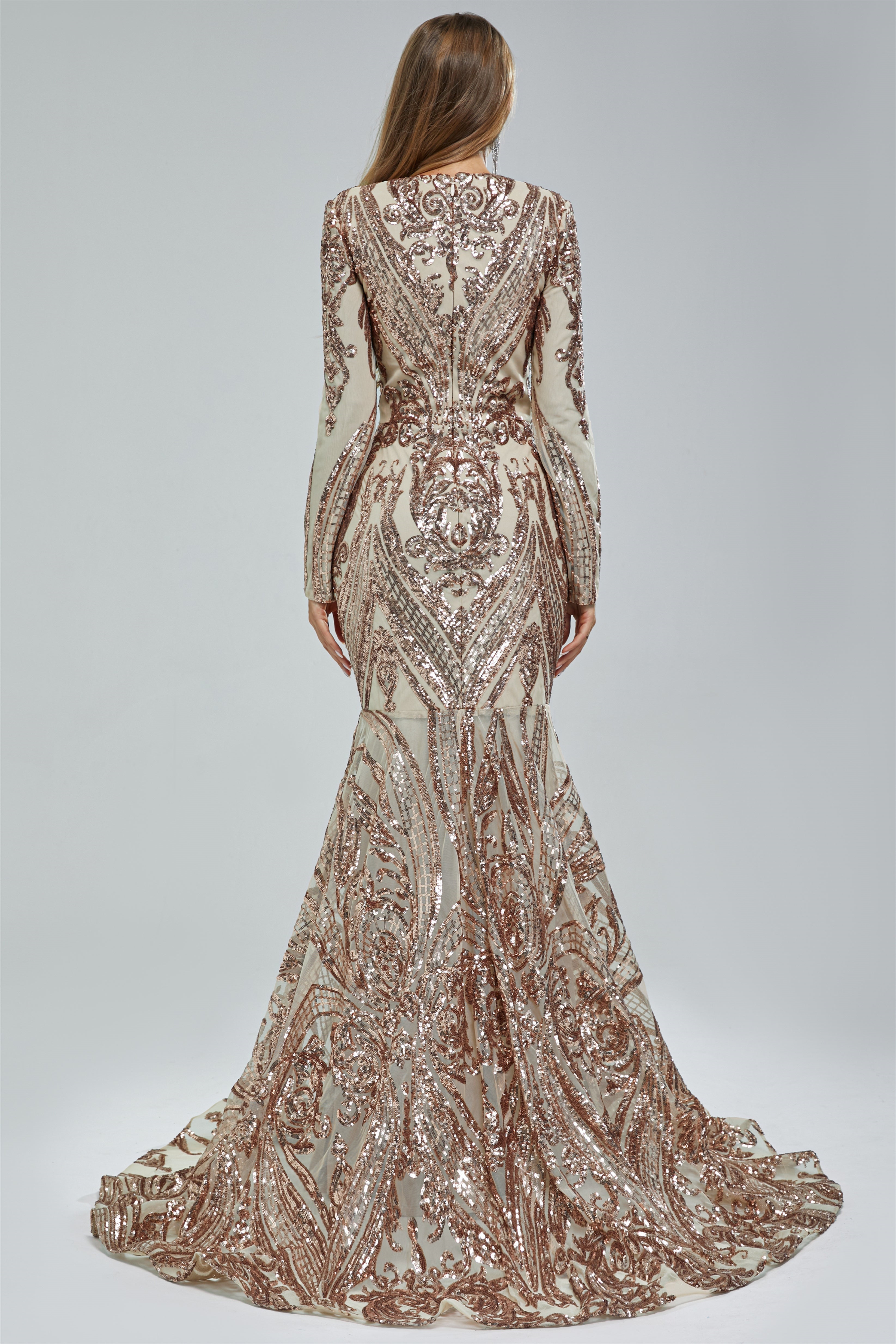 Gorgeous V-Neck Mermaid Prom Dress Long Sleeves Sequins Long