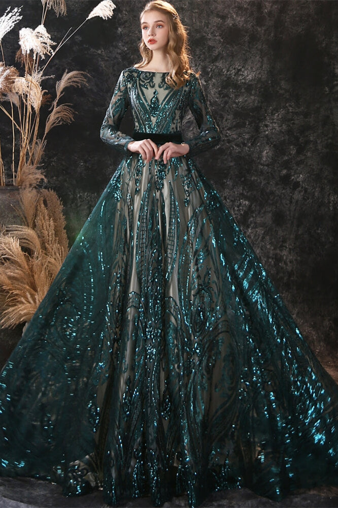New Arrival Dark Green Sequins Long Sleeves Prom Dress With Detachable Skirt