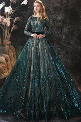 New Arrival Dark Green Sequins Long Sleeves Prom Dress With Detachable Skirt