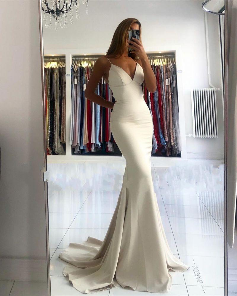 Spaghetti-Straps V-Neck Mermaid Long Prom Dress Elegant
