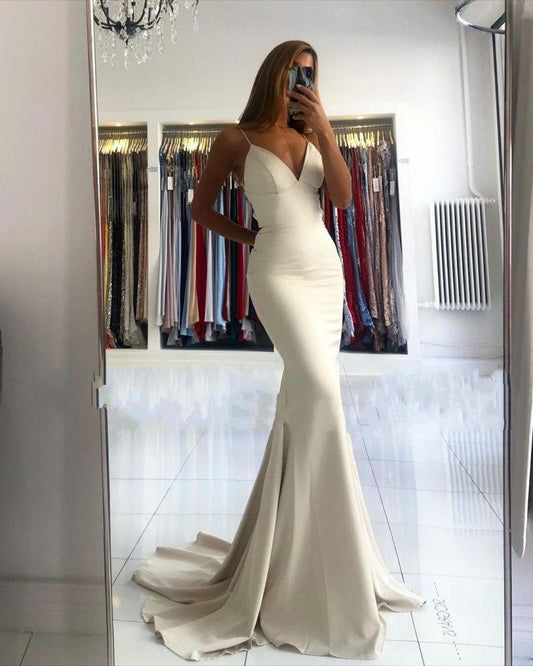 Spaghetti-Straps V-Neck Mermaid Long Prom Dress Elegant