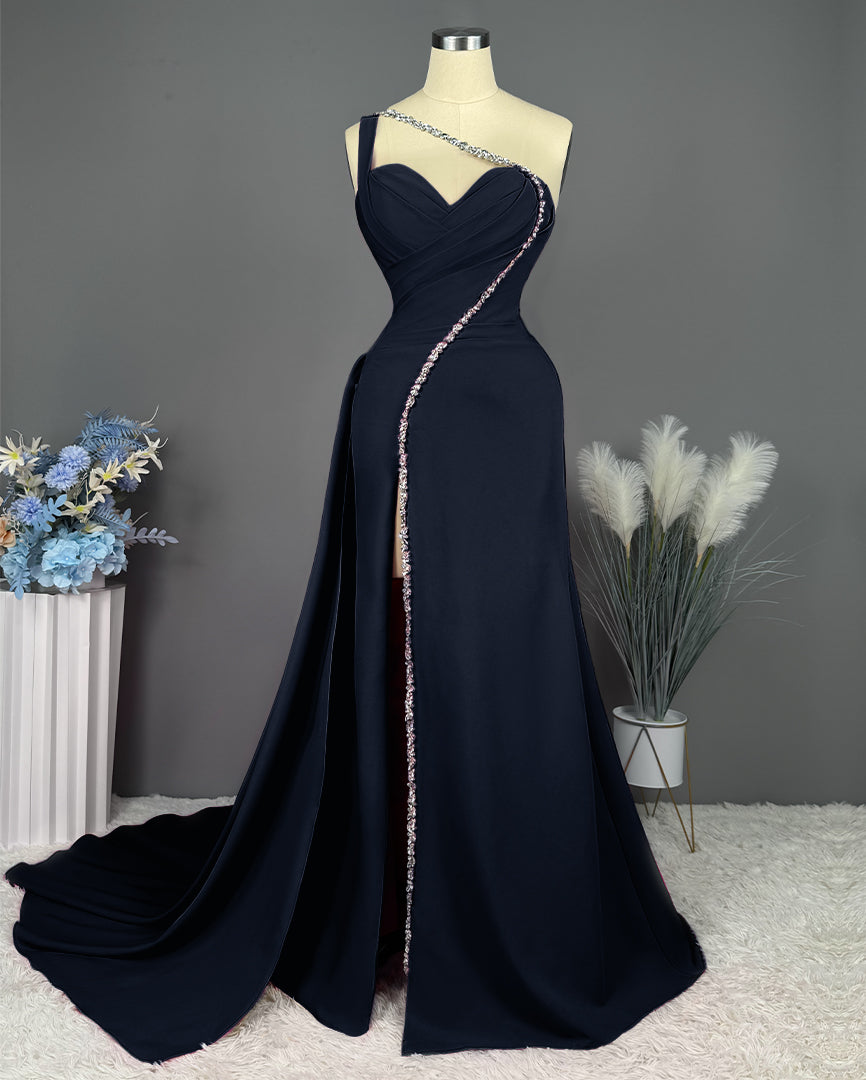 Fuchsia Evening Dress Long One Shoulder With Slit Pleated Beadings