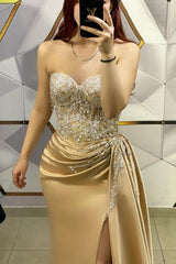 Modern Champagne Sweetheart Prom Dress Split Long With Appliques Ruffle