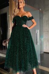 Black Off-the-Shoulder Sweetheart A-Line Beads Prom Dress with Tulle