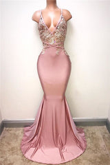 Gorgeous Pink Spaghetti-Straps V-Neck Prom Dress Mermaid With Appliques