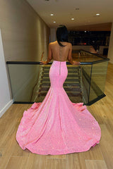Classic Pink Sequins V-Neck Prom Dress Sleeveless With Crystals