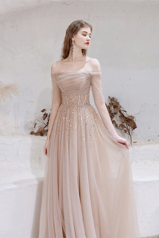 Gorgeous Off-the-Shoulder Tulle Sheer Long Sleeves Prom Dress With Sequins