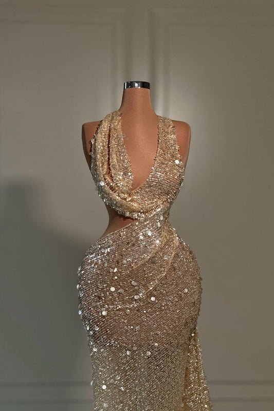 Champagne Sequins Evening Dress V Neck Sleeveless Hatler Sexy Long