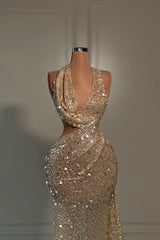 Champagne Sequins Evening Dress V Neck Sleeveless Hatler Sexy Long
