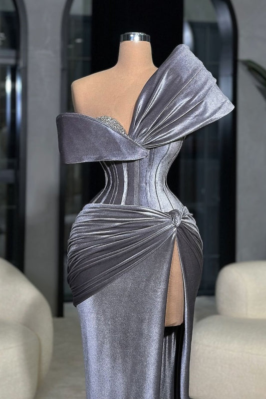 Dusty Blue One Shoulder Long Split Velvet Prom Dress Mermaid Sleeveless with Beads