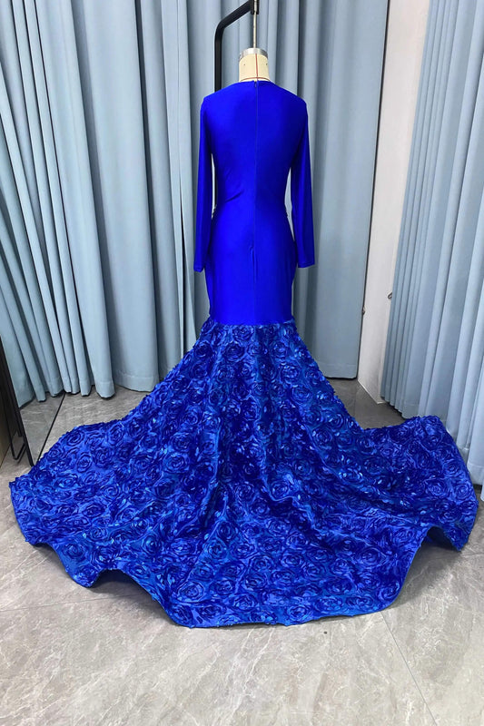 Stunning Royal Blue Long Sleeves Prom Dress Mermaid Beadings With Flowers Bottom