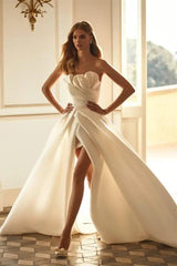 Elegant White Satin A-Line Long Wedding Dress with Strapless Sleeveless Design and Split