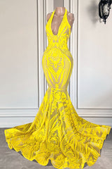 Charming Lemon Yellow V-Neck Sleeveless Prom Dress Mermaid Lace Sequins Long