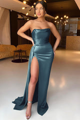 Elegant Dusty Sage Sleeveless Mermaid Strapless Prom Dress Split with Ruffle