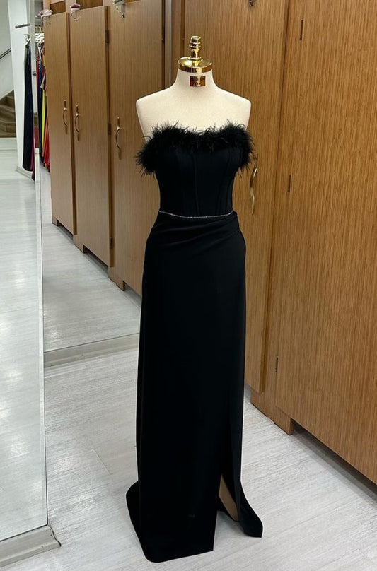 Mermaid Prom Dress Long Black Feather Sleeveless Strapless