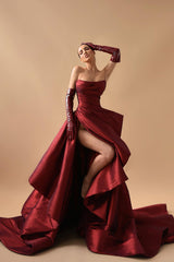 Fabulous Strapless Burgundy Prom Dress Pleats High Split Long