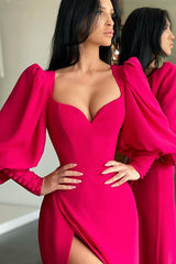 Fuchsia Long Sleeves Sweetheart Prom Dress Split Party Gowns