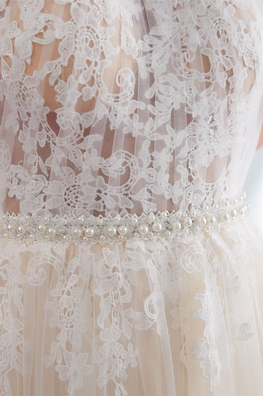 Wedding Dress With Appliques in High-Neck Tulle