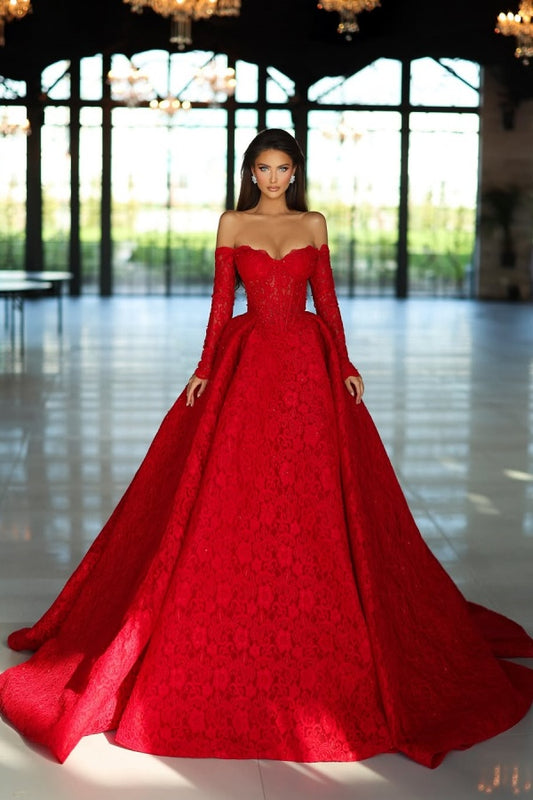 Red Strapless A-Line Beads Prom Dress Long Sleeves with Lace Appliques