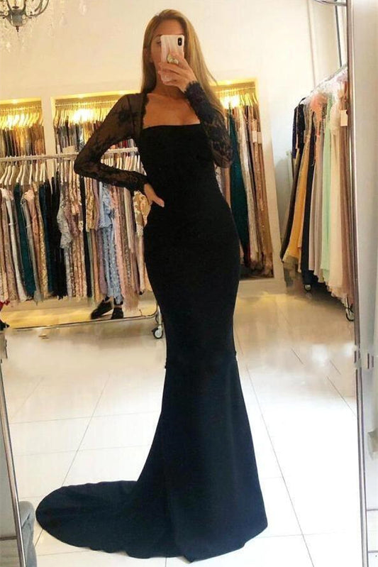 Black Long Sleeves Mermaid Prom Dress Lace
