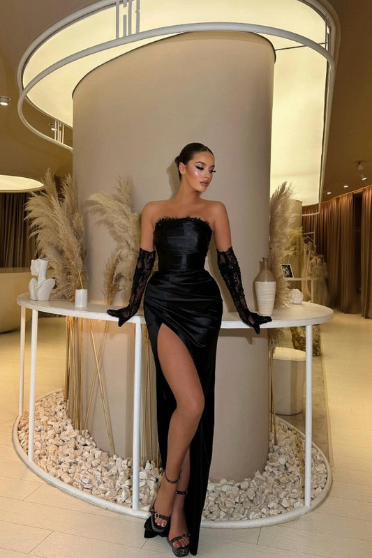 Gorgeous Black Strapless Mermaid Prom Dress Pleats With Split