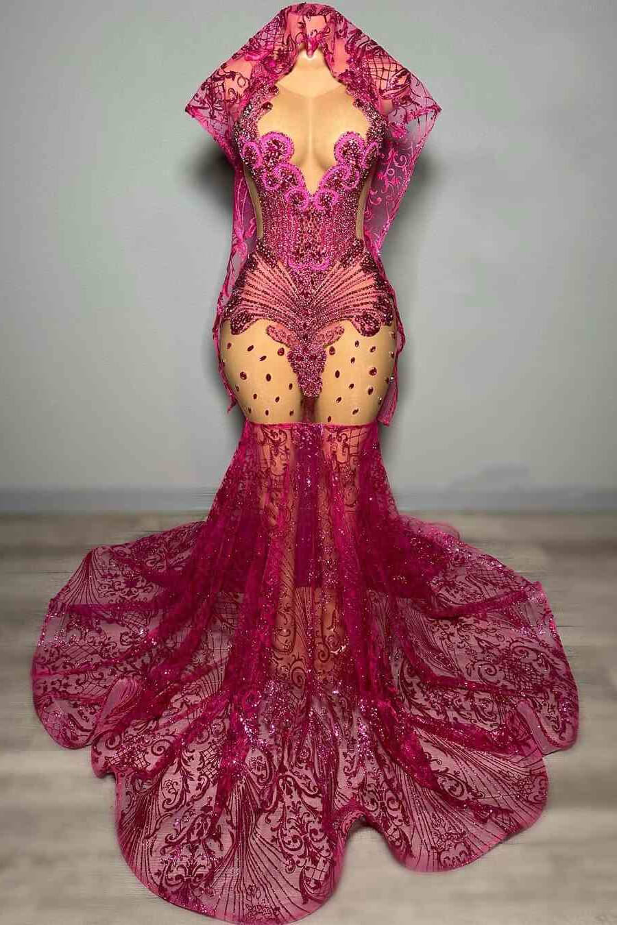 Stunning Fuchsia Sleeveless Prom Dress Mermaid Sequins Beadings Long
